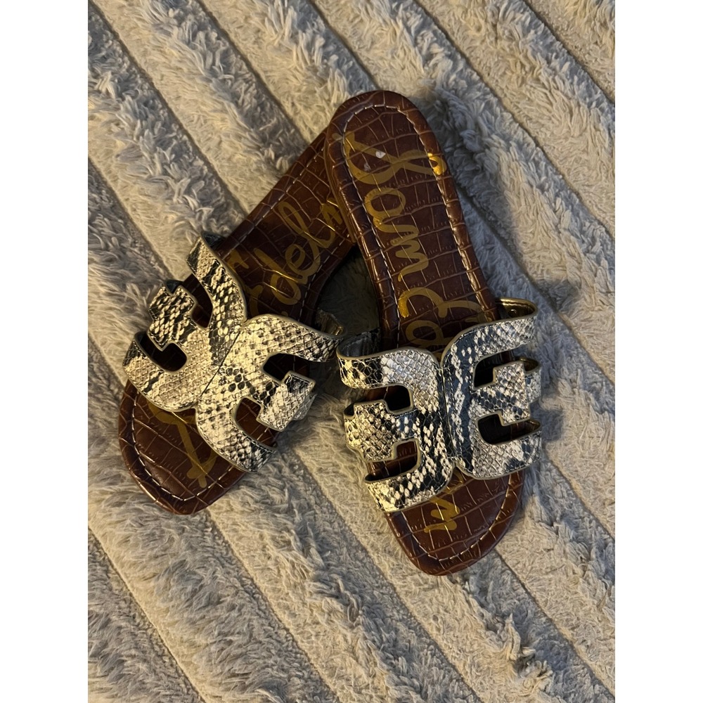Sam Edelman Bay Slides Snakeskin Embossed Leather Flat Sandals Grey Black 6.5M